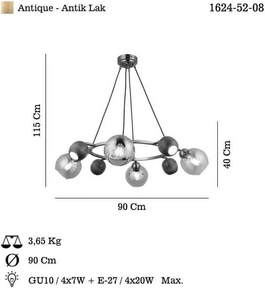Lucea JAMO 4+4 ANTIK LAK AVİZE 4XGU10+4XE27 - OUTLET - 3