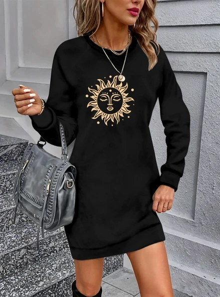 Kadın Uzun Kollu Bisiklet Yaka Güneş Desenli Viskon Iki Iplik Elbise - Resim 3