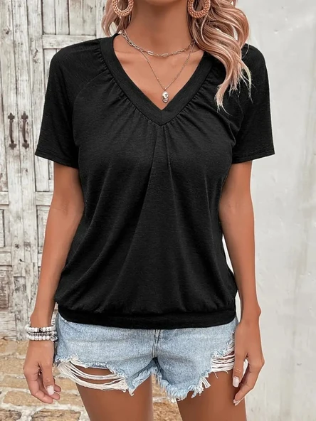 Kadın Kısa Kollu V Yakalı Büzgü Detaylı Viskon Bluz ürün görseli