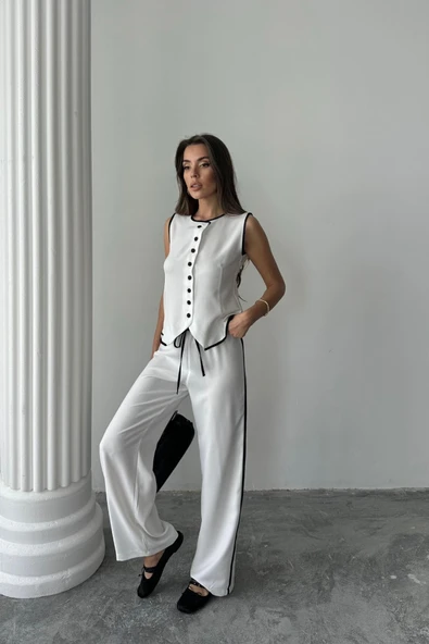 KETEN KENARLARI BİYELİ YELEK - PANTOLON TAKIM - Beyaz - 1