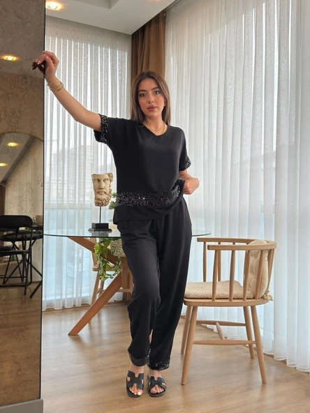 Kadın Kısa Kollu V Yakalı Pul Payetli Viskon Iki Iplik Bluz Ve Pantolon Ikili Takım - Resim 4