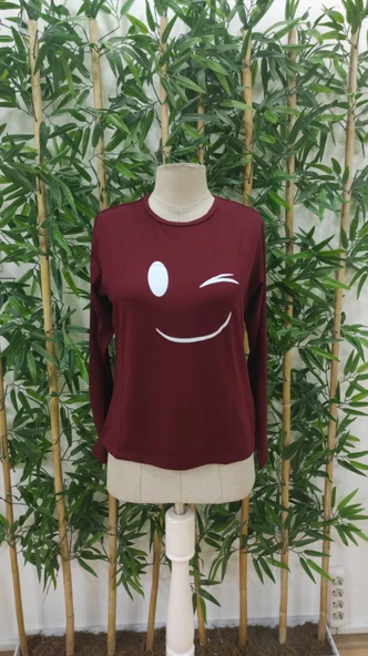 Kadın Uzun Kollu Bisiklet Yaka Gülen Yüz Desenli Viskon Bluz - Resim 5