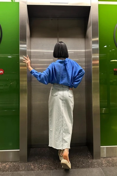 Kar Yıkama Yırtmaçlı Kot Etek - Resim 3