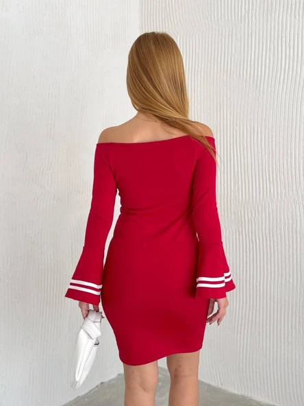 Kadın Akrilik Kumaş Ispanyol Kol Madonna Yaka Mini Elbise - Resim 3