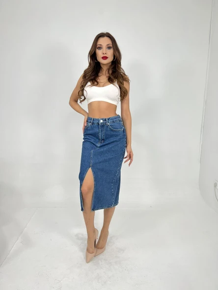6478 DENİM MIDI SLIT SKIRT-MAVİ - 2