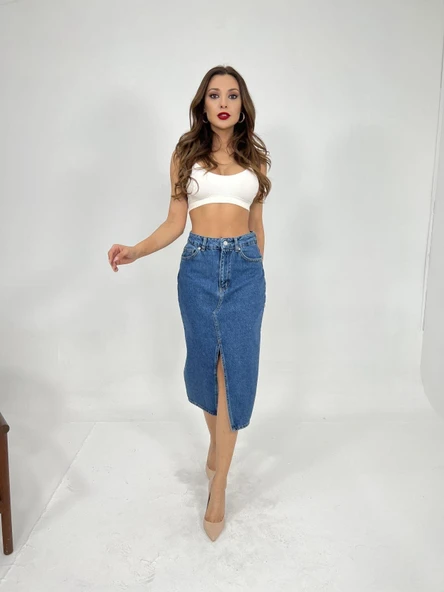 6478 DENİM MIDI SLIT SKIRT-MAVİ