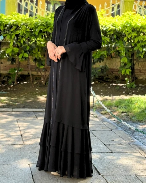 Büyük Beden Şifon Abaya Ferace İkili Takım (46-52 Beden) - 4