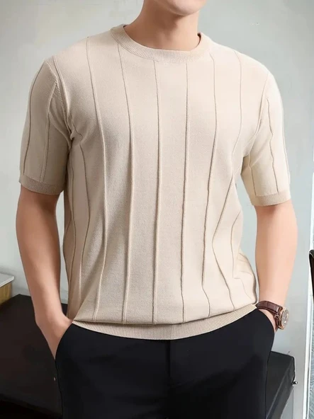 Erkek Kısa Kollu Bisiklet Yaka çizgili Triko Bluz - Resim 7