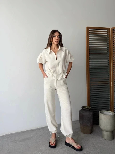 Keten Tam Fermuarlı Kısa Kollu Gömlek Pantolon Ikili Takım - Beyaz ürün görseli