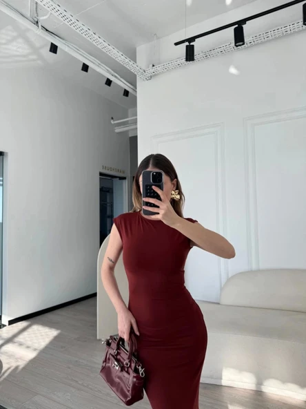 Kolsuz Uzun Likralı Elbise - Bordo ürün görseli