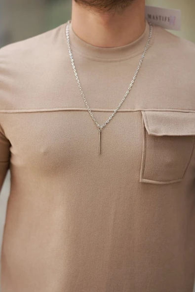 Erkek Cepli Kolyeli Kısa Kollu örme Kumaş Tişört - Resim 3