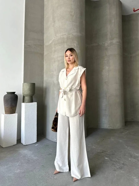 Keten Sıfır Kol Kuşaklı Ceket Pantolon Ikili Takım - Beyaz - Resim 4