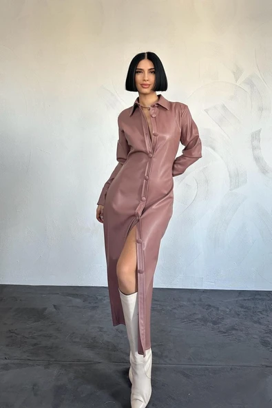 Pudra Boydan Düğmeli Deri Elbise ürün görseli