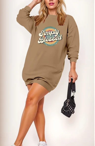 Kadın Uzun Kollu Bisiklet Yaka Yazılı Viskon Iki Iplik Elbise - Resim 3