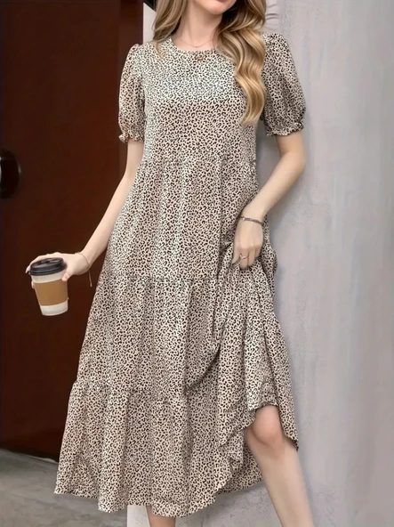 Kadın Mini Leopar Desen Midi üç Kat Elbise - Resim 3