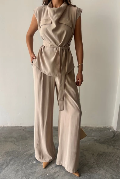 TENCEL MODAL KOLSUZ BLUZ KAPALI CEP DETAYLI DÖKÜMLÜ - PANTOLON TAKIM - Bej - Resim 3