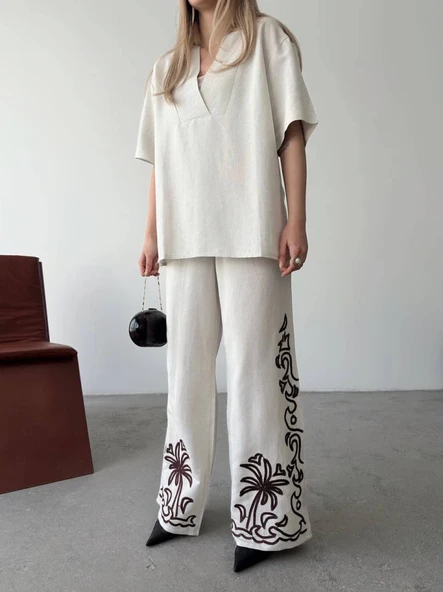 Keten Kısa Kolu  V Yaka Bluz Pantolon Ikili Takım- Beyaz - Resim 2