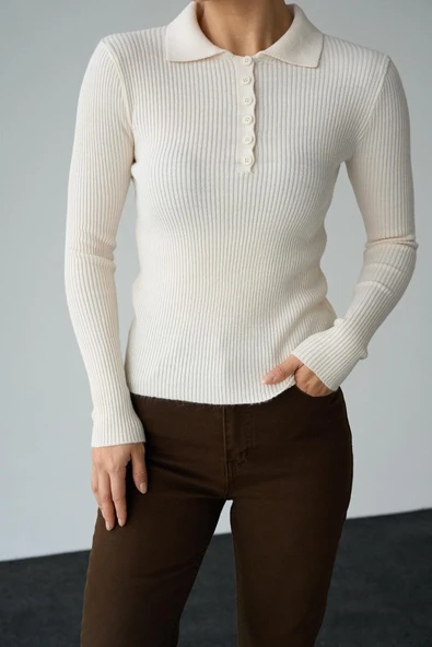 Polo Yaka 6 Düğmeli Kazak - Krem - Resim 4