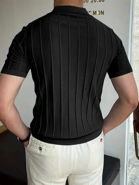 Erkek Kısa Kollu Yakalı önden Düğmeli Triko Bluz - 3