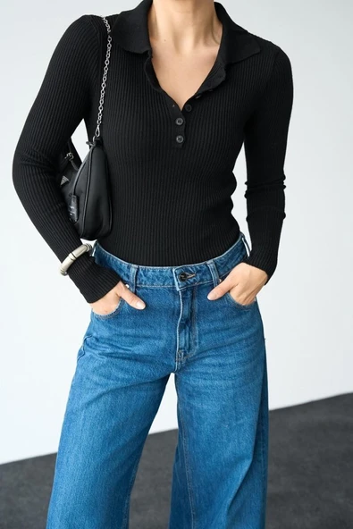 Polo Yaka 6 Düğmeli Kazak - Siyah - 3