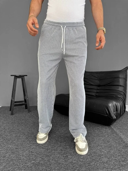 Su Yolu Çizgili Cepli Pantalon - Gri - 1