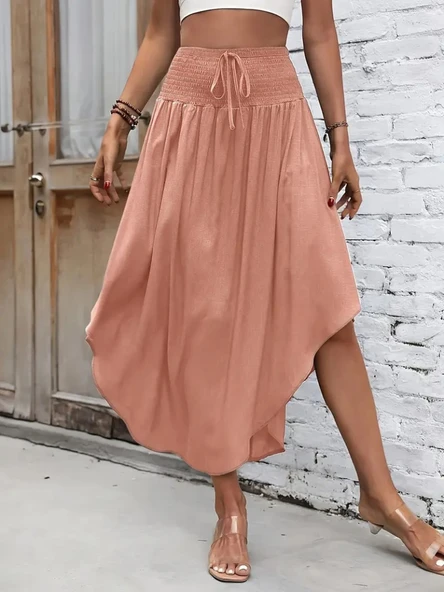 Kadın Yüksek Bel Belden Bağlamalı Asimetrik Kesim Detaylı Sandy Etek - Resim 5