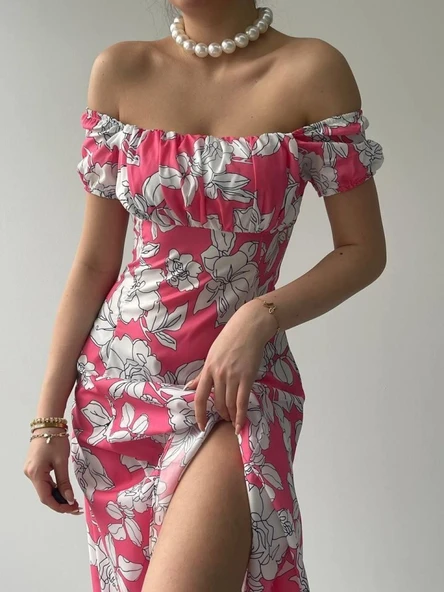 Kare Yaka Çiçekli Elbise - Resim 4