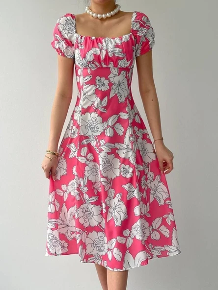 Kare Yaka Çiçekli Elbise - Resim 2