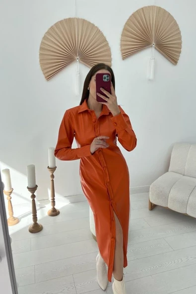 Oranj Boydan Düğmeli Deri Elbise ürün görseli