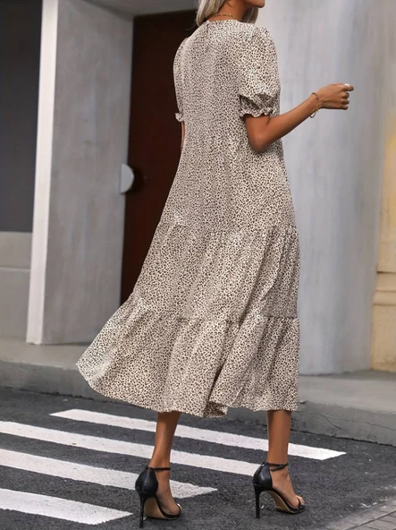 Kadın Mini Leopar Desen Midi üç Kat Elbise - Resim 4