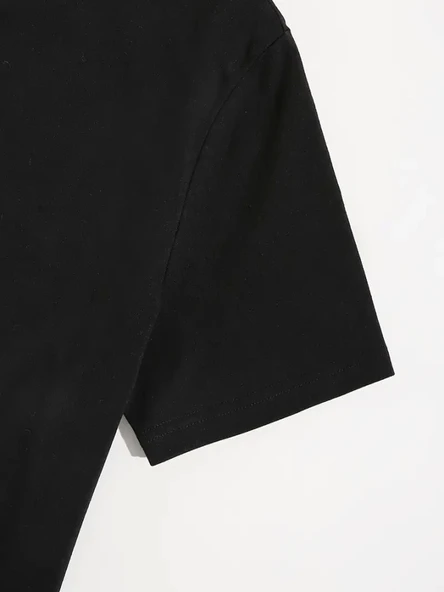 Baskılı Oversize Bisiklet Yaka T-shirt - Siyah - Resim 4