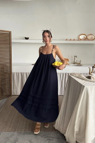 Lacivert Askılı Müslin Elbise ürün görseli