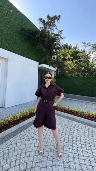 Yakalı Gömlek Kemerli Şortlu Takım - Bordo ürün görseli