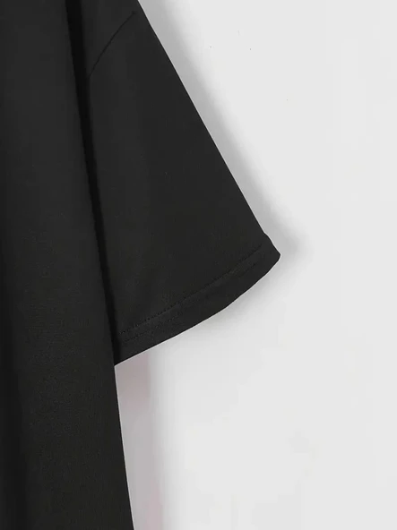 Baskılı Oversize Bisiklet Yaka T-shirt - Siyah - Resim 3