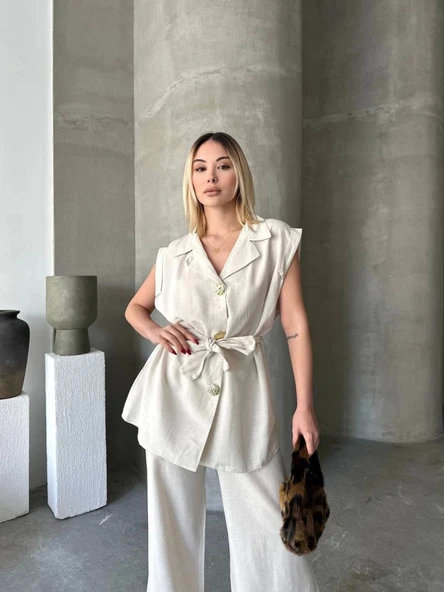 Keten Sıfır Kol Kuşaklı Ceket Pantolon Ikili Takım - Beyaz - Resim 2