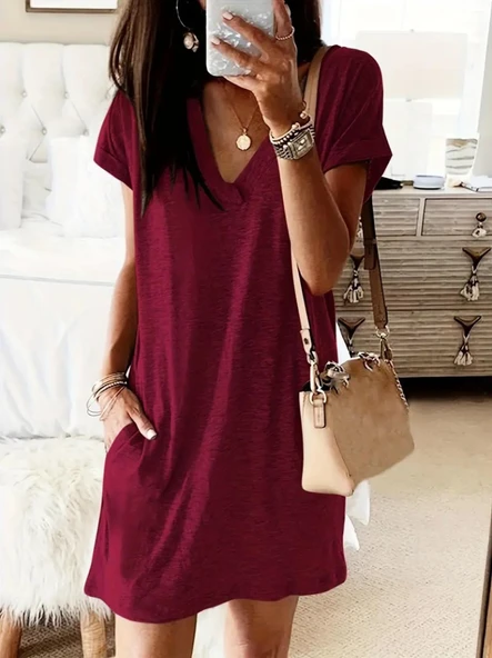 Kadın Kısa Kollu V Yakalı Cepli Kısa Viskon Elbise - Resim 3