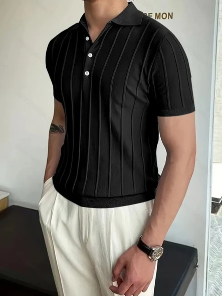 Erkek Kısa Kollu Yakalı önden Düğmeli Triko Bluz - 2