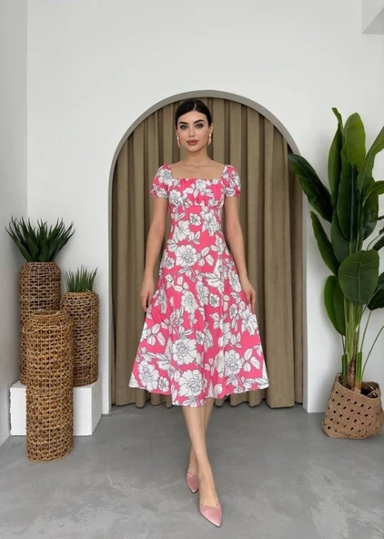 Kare Yaka Çiçekli Elbise - Resim 3