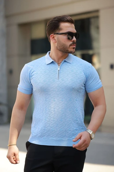 Erkek Fermuar Yakalı Baklava Desen Kısa Kollu Gömlek