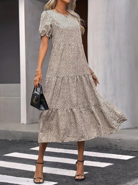 Kadın Mini Leopar Desen Midi üç Kat Elbise - Resim 6