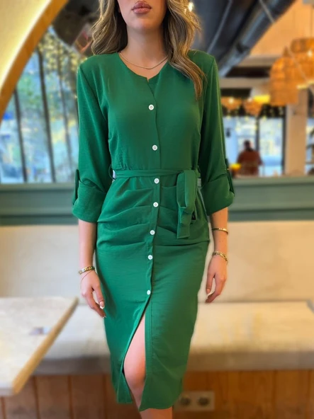 Kadın Uzun Kollu önden Düğmeli Beli Kuşaklı Aerobin Midi Elbise - Resim 4