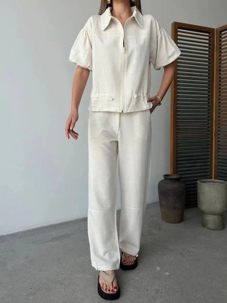 Keten Tam Fermuarlı Kısa Kollu Gömlek Pantolon Ikili Takım - Beyaz - Resim 3