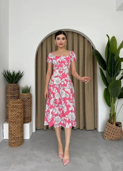 Kare Yaka Çiçekli Elbise - Resim 5