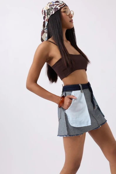 Ters Detay Denim Mini Etek - 1