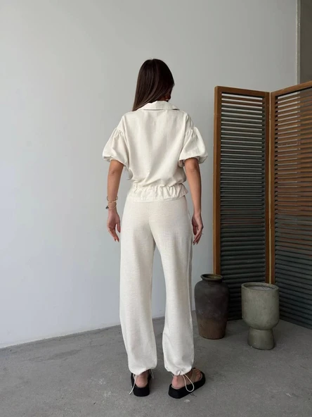 Keten Tam Fermuarlı Kısa Kollu Gömlek Pantolon Ikili Takım - Beyaz - Resim 2