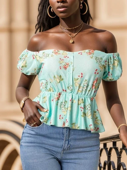 Kadın Kısa Kollu Madonna Yaka çiçek Desenli Düğme Detay Gipeli Süprem Kumaş Bluz - Resim 9