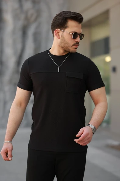 Erkek Cepli Kolyeli Kısa Kollu örme Kumaş T-shirt - 1