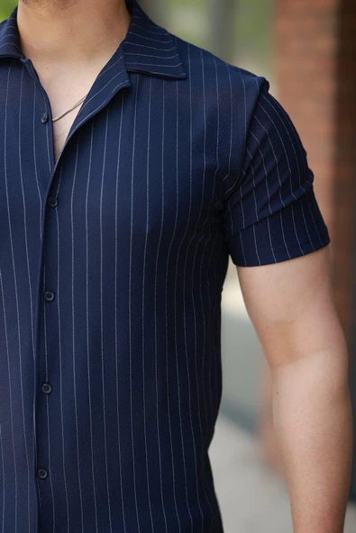 Erkek Kısa Kollu çizgili Gömlek - Resim 3