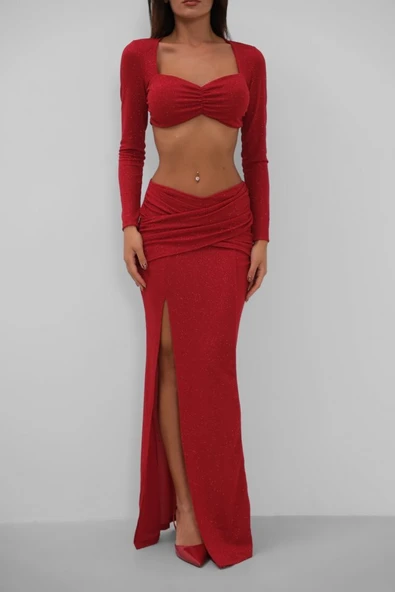 Yırtmaçlı Etek Ve Crop Bluz Takım - 1
