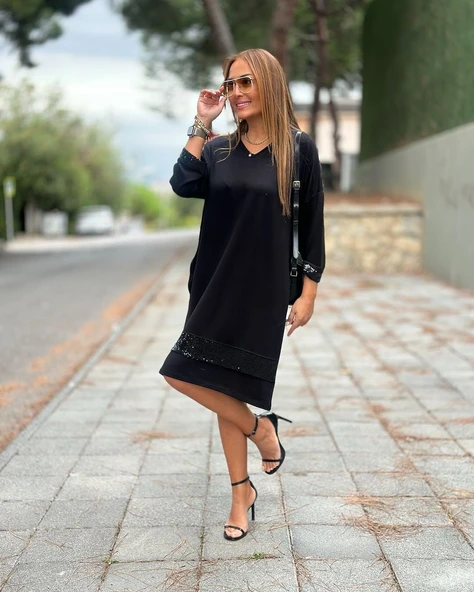 Kadın Modal Kumaş Kol Ve Etek Ucu Payetl Elbise - Resim 2